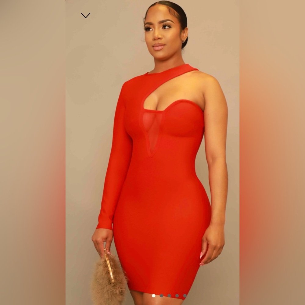 Red Cuff me one shoulder peekaboo bandage dress. Size medium.